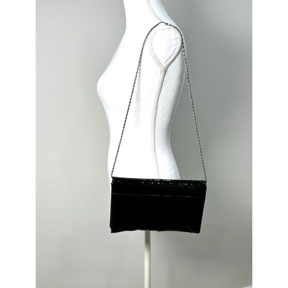Vintage Black Patent Finish Vinyl Envelope Clutch Handbag Chain Strap - Picture 3 of 16